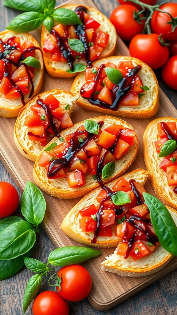 A close-up view of bruschetta on toasted bread topped with tomatoes and basil.